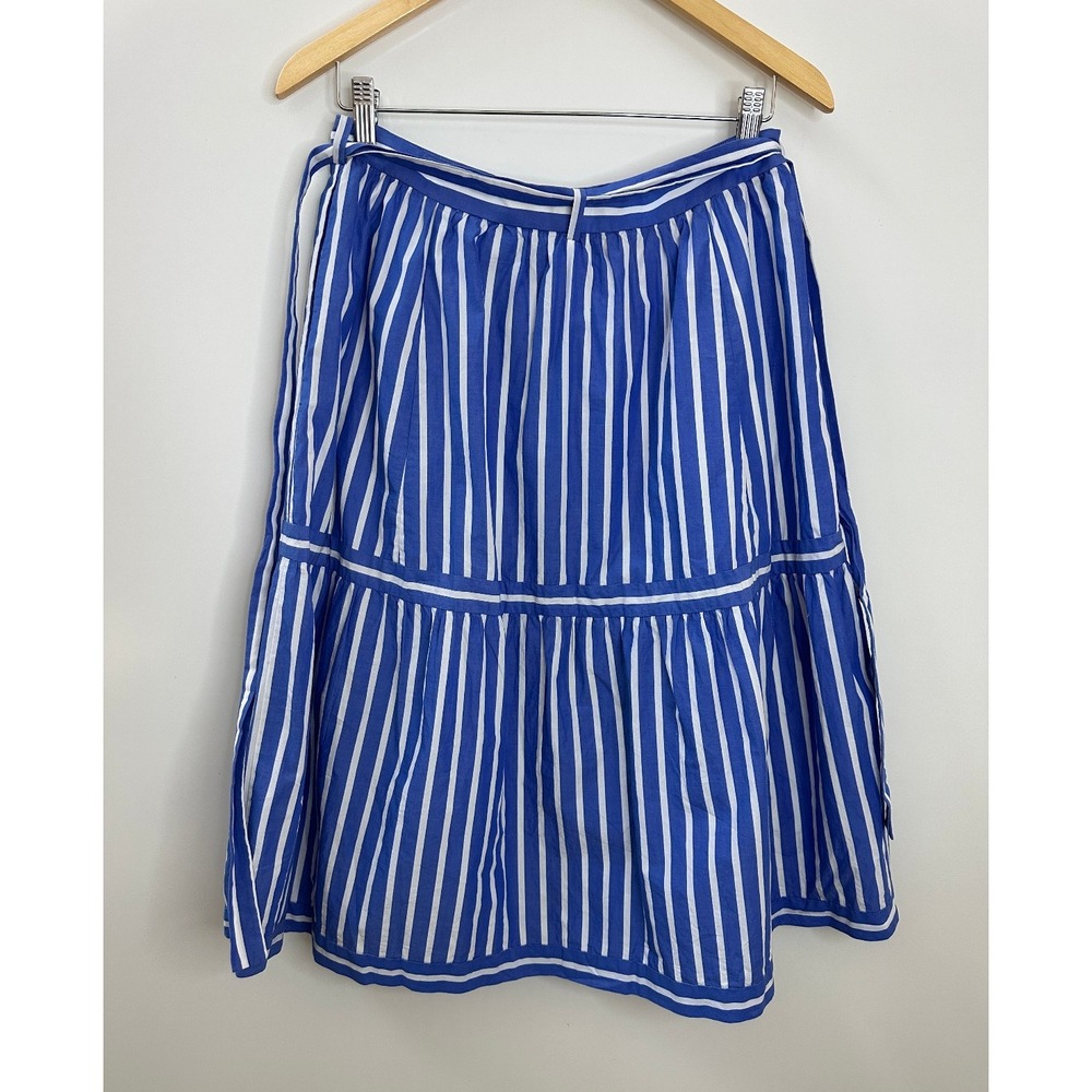 J. Crew Striped Midi Skirt Blue White Button Size 8 Preppy Coastal Brunch Summer - Picture 14 of 14